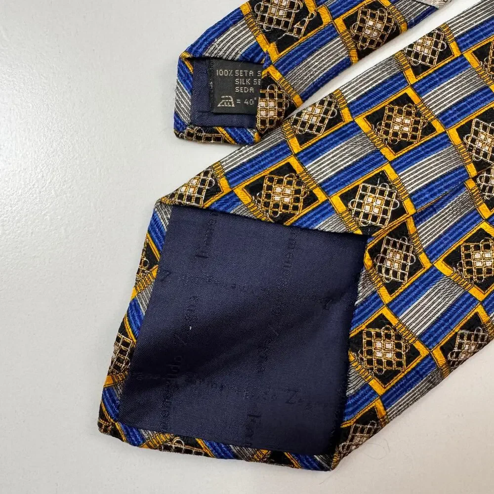 VTG Ermenegildo Zegna Point Necktie Blue Gold Geometric Squares Formal Business
